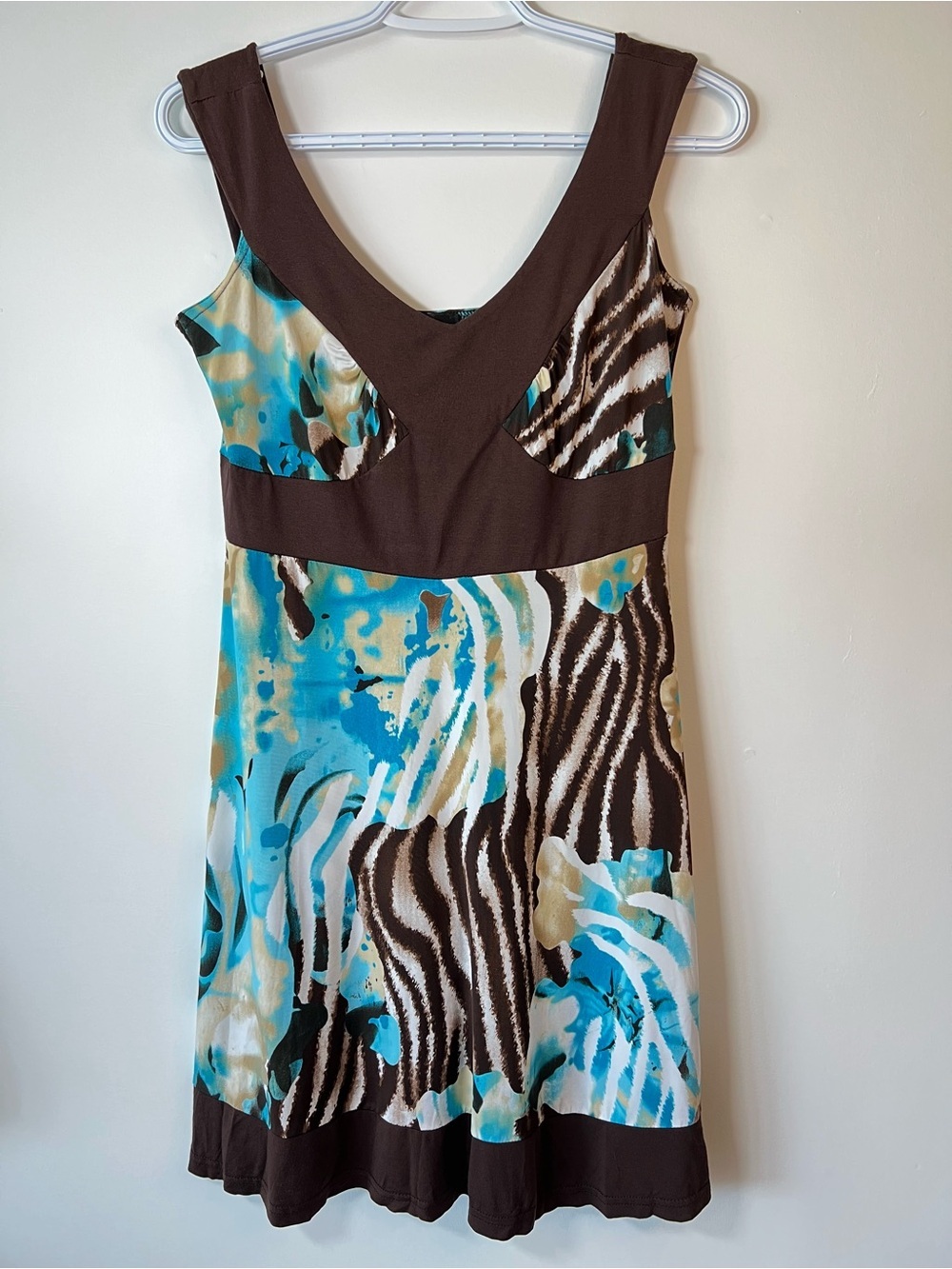 Y2K Lionkel Paris Sleeveless V-Neck Brown and Turquoise Printed Mini Dress